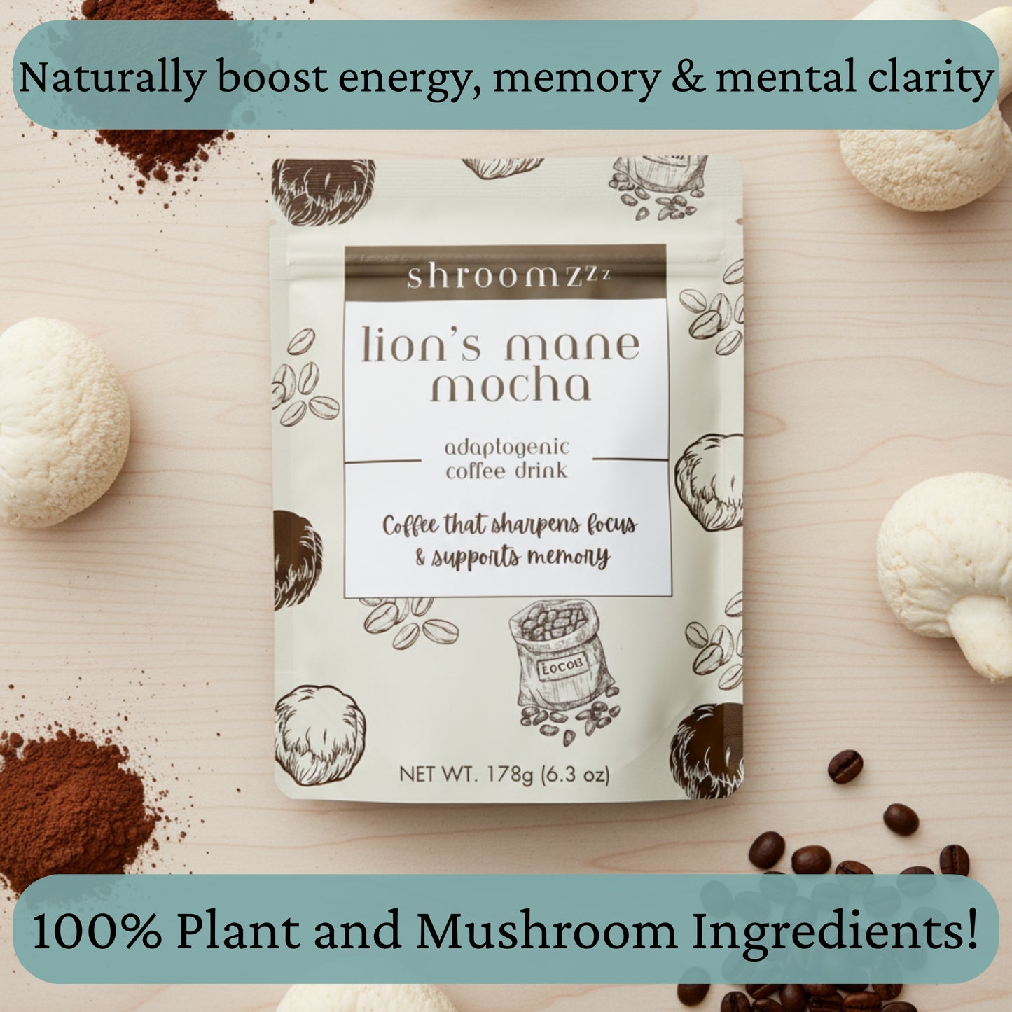 Shroomzzz Lion’s Mane Mocha Mushroom Coffee Mix – 15 Servings
