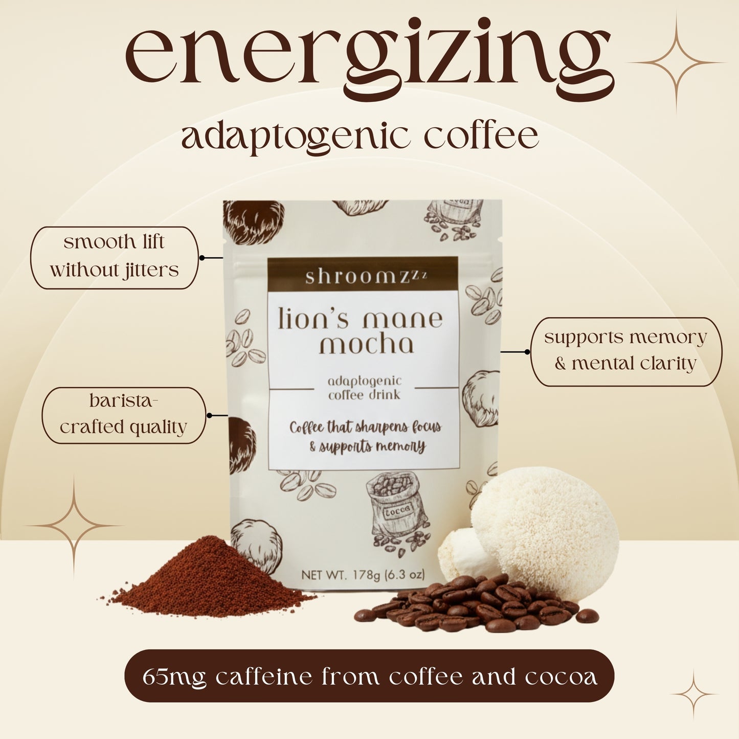 Shroomzzz Lion’s Mane Mocha Mushroom Coffee Mix – 15 Servings