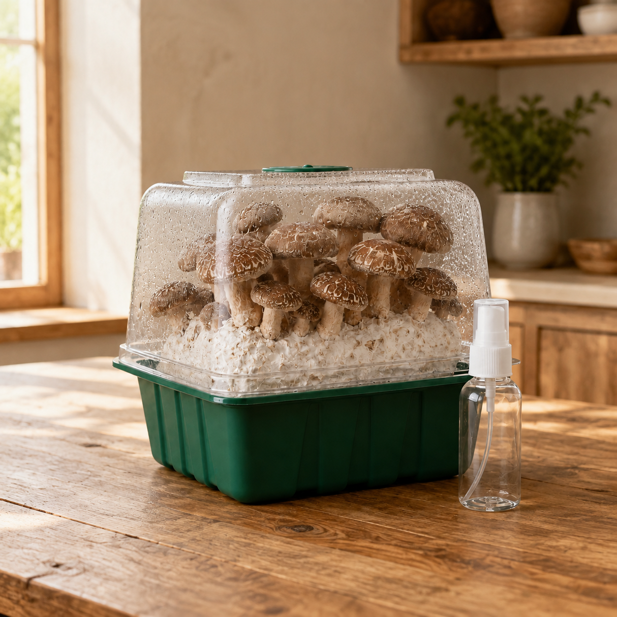 Shiitake Countertop Mushroom Grow Kit | Spray & Grow Kit with Mini Greenhouse | Non-GMO, Beginner Friendly & Easy to Use | Grow Your Mushrooms at Home | Made in The USA